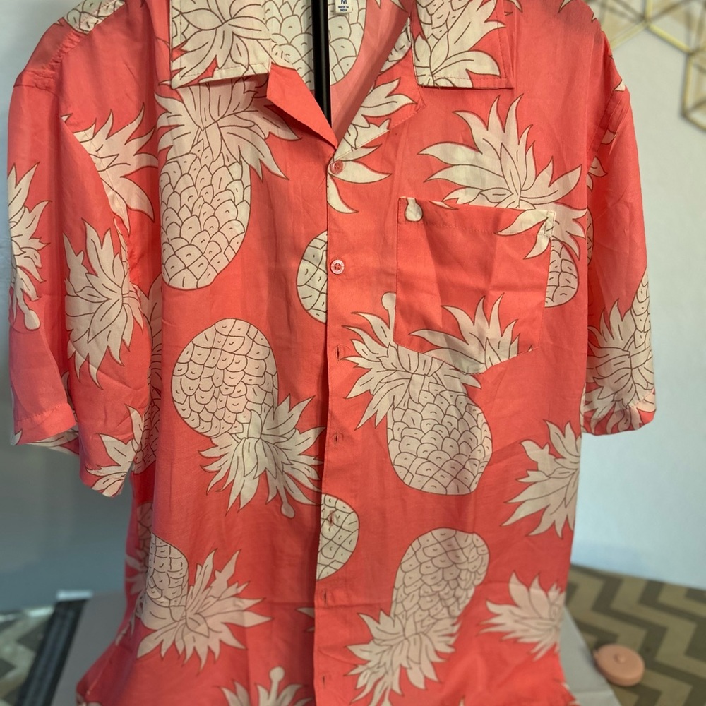 Pink And White Pineapple Print Men's Casual Shirt by Uzzi